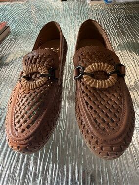 SO Brown Woven Leather Loafers with Rope Ring and Metal Bit